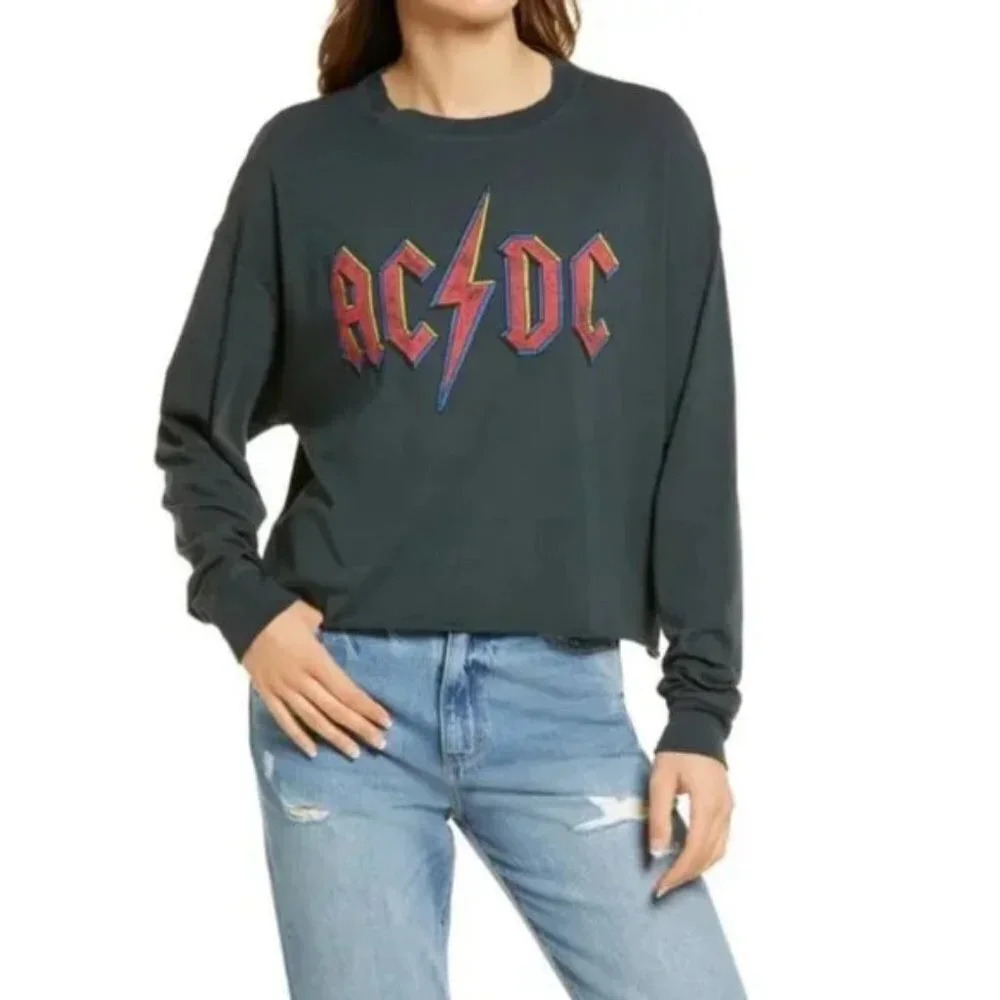 Daydreamer AC/DC Graphic Crop Long Sleeve T-Shirt  Sz: M